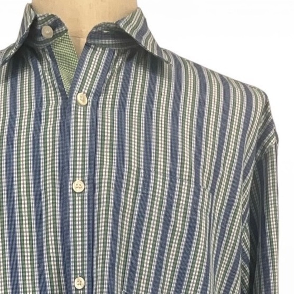 Johnston & Murphy Mens XL Tailored Fit Striped Button Down Shirt Blue Green
